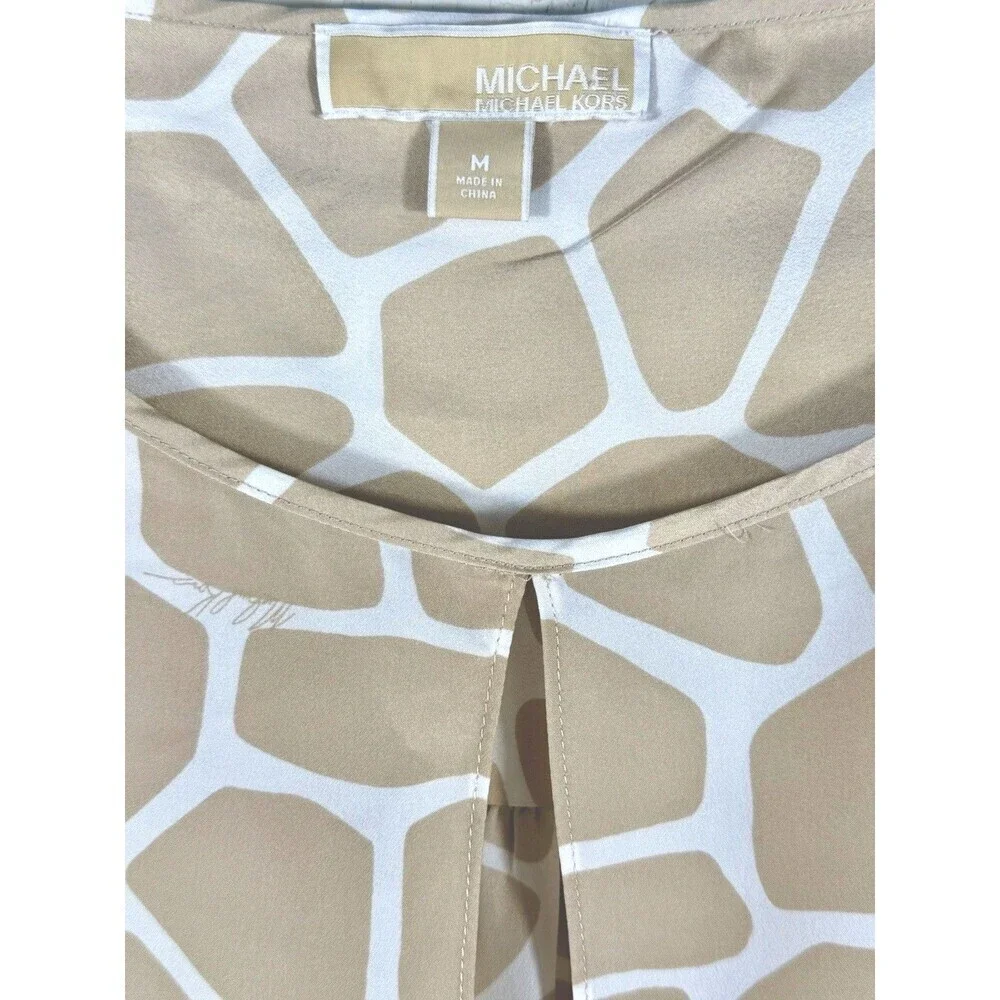 Michael Kors Giraffe Print Blouse Women M Roll Tab Sleeve Keyhole Beige